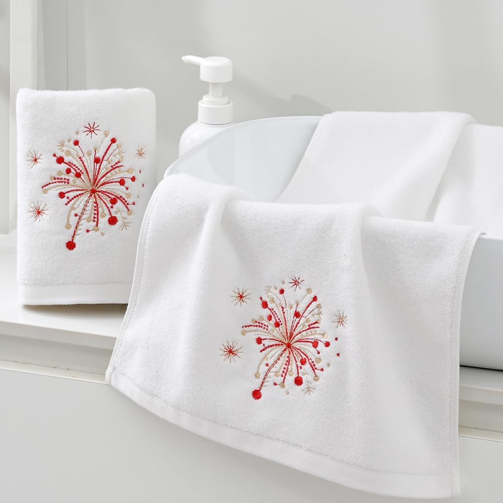 Fireworks Embroidered Design White Hand Towel Set of 2 Holiday Party Decorative Ultra Absorbent 100% Cotton Super Soft Luxury Bathroom Hand Towels Celebration Gift 13 x 29 Inch