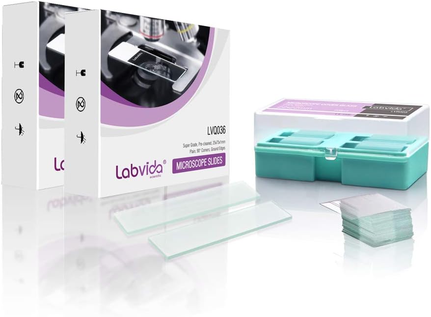 Pre-Cleaned Microscope Slide and Cover Slips Set, 144pcs of Dim.75x25x1mm Plain Slides, Super Grade Glass, 90°Corners, 1.2oz.(200pcs) of 22x22mm Cover Slips, 1# Thickness 0.13-0.16mm, LVQ090