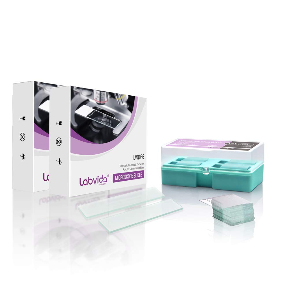 Pre-Cleaned Microscope Slide and Cover Slips Set, 144pcs of Dim.75x25x1mm Plain Slides, Super Grade Glass, 90°Corners, 1.2oz.(200pcs) of 22x22mm Cover Slips, 1# Thickness 0.13-0.16mm, LVQ090