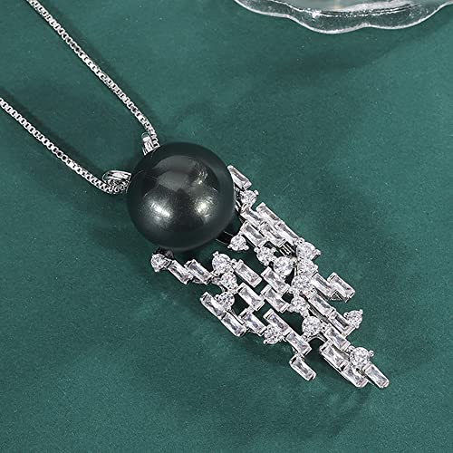 Collier pendentif perles 14mm noires blanches diamants carbone pour femmes