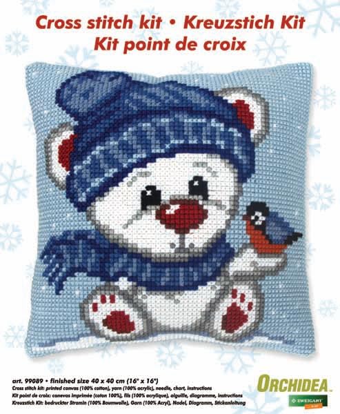 Orchidea Bear with Bird Cushion Cross-Stitch kit (quickpoint Pillow Cover kit) 40 x 40cm. Skill Level Medium - Image 2