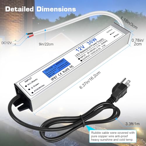 Image of LED Driver 30 Watts, IP67 Waterproof 12V Power Supply, AC 90-265V to DC 12V 2.5A Low Voltage Transformer with 3-Prong Plug 3.28ft Cable for LED Lights, Computer Project, Outdoor Use