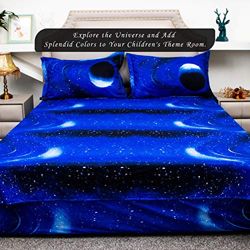 Image of Bedlifes Galaxy Outer Space Sheet Set, Galaxy Themed, 3 pcs Including Flat Sheet, Fitted Sheet, and 1 Pillowcase (Light Blue King)