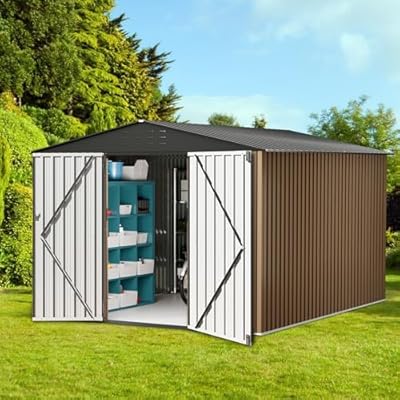 GarveeLife Outdoor Metal Storage Shed, 10x10 ft Metal Shed with Lockable Doors, Large Garden Tool Shed with Sturdy Frame Structure, for Backyard, Patio, Lawn, Brown