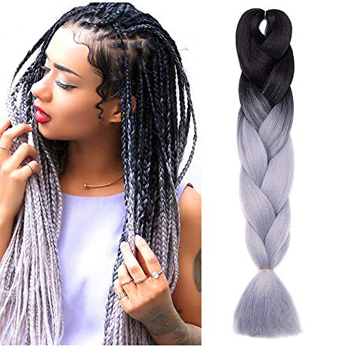 SEGO Meches Pour Tresses Africaine Tressage Box Crochet Braids Rajout Extension Cheveux Fibre Synthetique (1 Botte 100g) (24/60CM, 100g) [Noir à Gris Argenté]