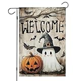 Halloween Garden Flag, 12x18 Inch Halloween Flag, Welcome Yard Flag with Ghost, Pumpkin for Outdoor Porch Decorations