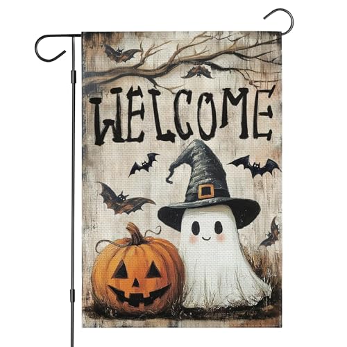Halloween Garden Flag 12x18 Inch Fall Halloween Flag Welcome Yard Flag with Ghost Pumpkin for Outdoor Porch Decorations