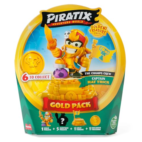 PIRATIX, Adventure World Serie Golden Treasure – Gold Pack, The Wild Crew. Incluye 5 Piratix Sorpresa, 1 Tesoro Exclusivo, 1 Bandera Exclusiva, 1 podio, 6 Accesorios y el capitán Dorado King Roar