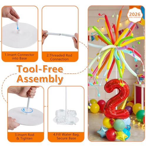 Image of Balloon Column Stand Set of 4, Adjustable Balloon Tower Pillar Kit for Wedding Decorations, Reusable Metal Balloon Stand with Floor Base for Party and Graduation Events