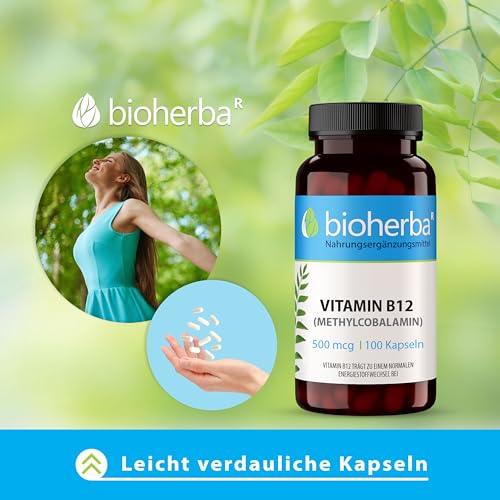 Vitamin B12 Kapseln – 100 Stück mit 500 µg Methylcobalamin zur täglichen Nahrungsergänzung von BIOHERBA PZN 19642669