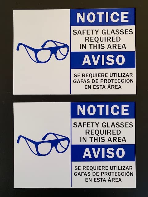 (2 Pack) Notice Safety Glasses Required Sticker Vinyl decal 5" X 3.5" English And Spanish (X2PS123)