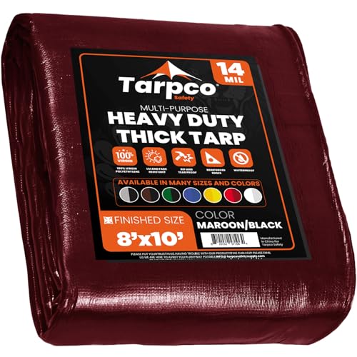 Image of Extra Heavy Duty 14 Mil Tarp Cover, Waterproof, UV Resistant, Rip and Tear Proof, Poly Tarpaulin with Reinforced Edges for Roof, Camping, Patio, Pool, Boat (Maroon /Black 8′ X 10′)