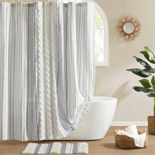 Image of INK+IVY Imani Tufted Chenille 100% Cotton Shower Curtain Boho Bath Curtains for Bathroom, Colorful Stripes Modern Farmhouse Shower Curtain,Bathtub Privacy Screen,Machine Washable 72 inch x 84 inch, White /Navy