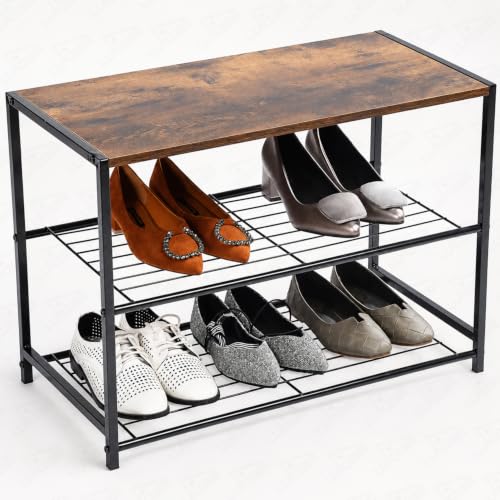 Image of Lukzer 3-Tier Shoe Rack with Wooden Shelf & Metal Shoe Organizer | Space-Saving Open Storage Shelf for Daily Footwear, Books & Indoor Plants Multipurpose Rack for Home (Black & Oak /63 x 43 x 30 cm)