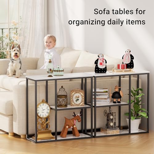 Image of WOHOMO Console Table, 12 Inch Narrow Entryway Table for Living Room, 31.5 Inch Modern Industrial Sofa Table with 3-Tier Storage Shelves for Corridor, Hallway, White Marble
