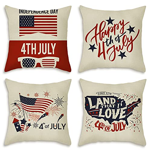 CLKJYF 4th of July Decorations Pillow Covers 18x18 Set of 4 Memorial Day American Flag Stars and Stripes Patriotic Throw Pillow Covers USA Freedom Pillows Independence Day Decor (18