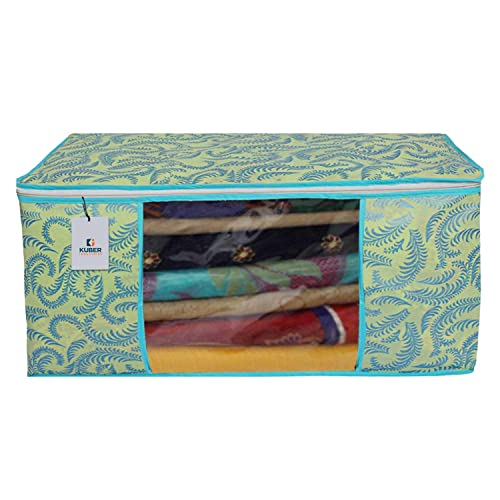 Image of Kuber Industries 45 X 33 X 22 Cm Foldable Saree Covers with Zip|Non Woven Clothes Organiser for Wardrobe | Leaf Print with Transparent Window | Pack Of 3 (Green)