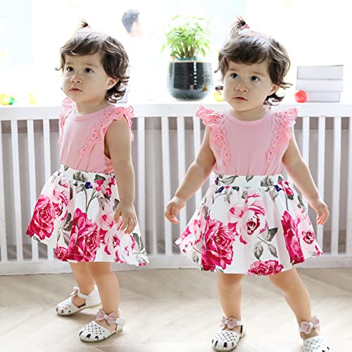 Newborn Infant Baby Girls Floral Dress Flutter Lace Sleeve Skirts Ruffle Dresses Summer Outfits (Pink B, 12-18 Months) #TOP1