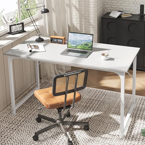 Image of Huuger Computer Desk, 48 Inch Office Desk, Gaming Desk with Storage, Writing Desk Work Desk for Home Office, Study, Modern Simple Desk, Large Legroom, Metal Frame, White