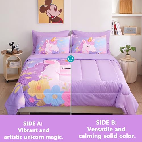 Image of Purple Unicorn Bedding Queen 7-Piece Comforter Set for Girls, Super Soft Microfiber Bed Set Bed in a Bag with Comforter Sheets Pillowcase & Sham (Purple Unicorn - No Text, 7 Piece Queen Size