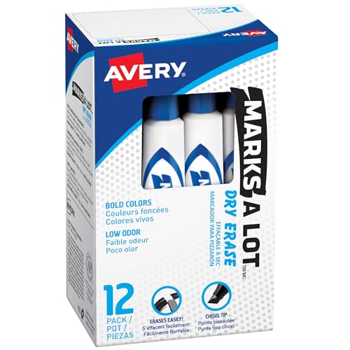 Avery Marks A Lot Dry Erase Markers, Low Odor, Chisel Tip, 12 Blue Whiteboard Markers for Classroom and School Supplies, Office Supplies, and More (24406)