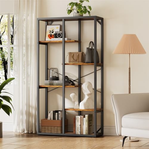 OCTORO Libreria, scaffale con 4 ripiani, scaffalatura, libreria in legno, adatta per soggiorno, cucina, studio, camera da letto, ufficio, marrone