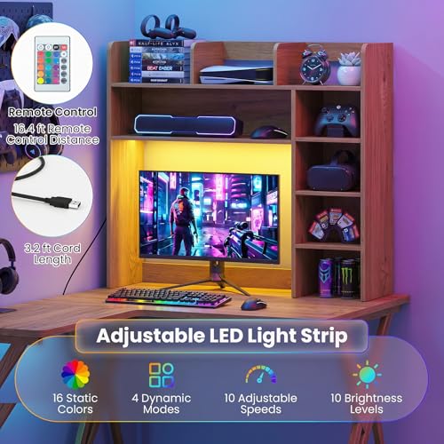 Image of Tangkula Desktop Bookshelf with LED Lights, Desk Hutch with 8 Shelves for Max 25 inch Monitor, Desktop 5-Tier Display Rack, Multipurpose Wood Desktop Storage Hutch Organizer for Dorm Office Home (Natural)