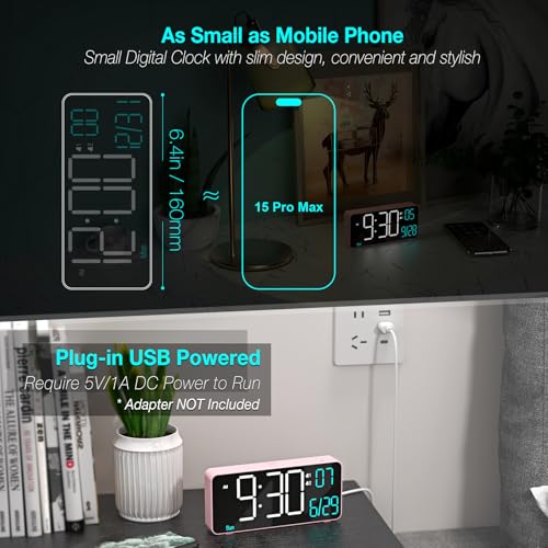 Image of KOSUMOSU Alarm Clocks for Bedrooms, 6.7in Small Digital Clock, Auto Dimming, Room Temperature, Day of The Week, Date, Seconds, Digital Clocks for Living Room, Alarm Clock
