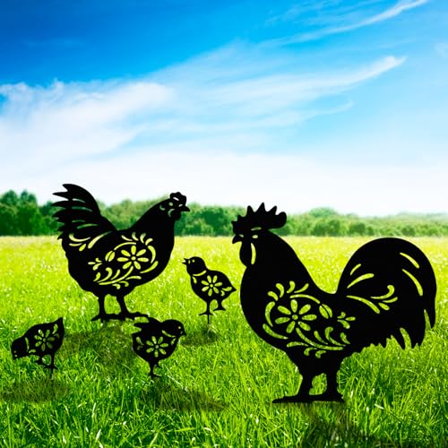 Lot de 5 piquets de poulet en métal pour décoration de jardin, coq et poule avec poussins, décoration de jardin, décoration de jardin, pelouse, extérieur