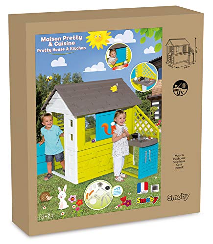 51htUu2WUpL Smoby - Maison Pretty + Cuisine d'Eté - Cabane de Jardin Enfant - 2 Fenêtres avec Persiennes + 17 Accessoires - 810711