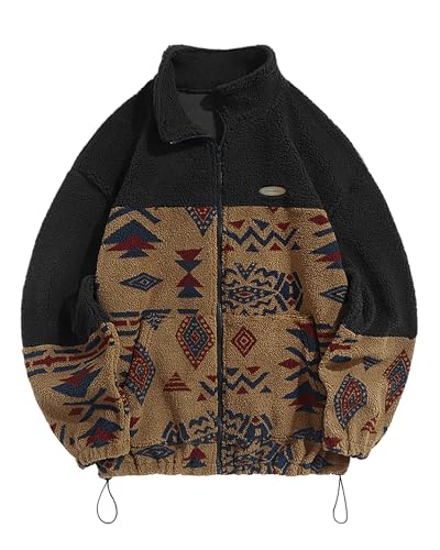 Image of ZAFUL Aztec Print Fleece Jacket - Unisex Full Zip Hoodie with Stand Collar, Pockets & Fluffy Texture