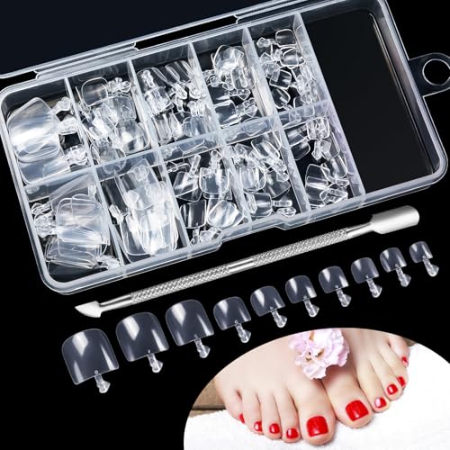 Kiiwah 100 Pièces Faux Ongles Pieds, 10 Tailles Capsule Ongles Orteils Court, Acrylique Clair Ongle Pied avec Boîte, Doux Full Cover Capsule Pied pour Nail Art DIY Salon de Manucure