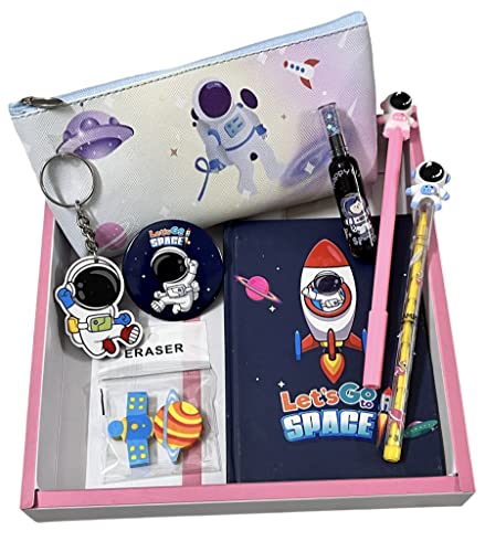 Image of Le Delite Kids Space astronaut planet Theme Stationery Gift Set Combo Return Gift Box (7 Items) Diary, Pouch,Eraser, Pen,Pencil,Keychain & badge For Kids Boys & Girls Return Gift (MULTI)