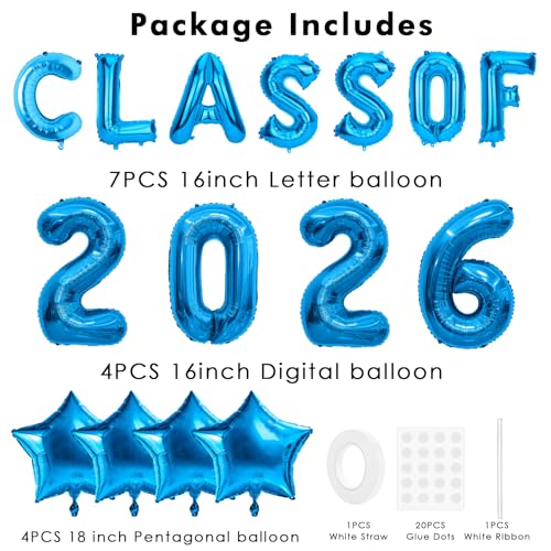 Image of Graduation Balloons, Class of 2025 Balloons, 16 Inch Blue Grad Class of 2025 Letters Foil Balloon with Star Balloons, Class of 2025 Decorations for High School College Graduation Party Decorations