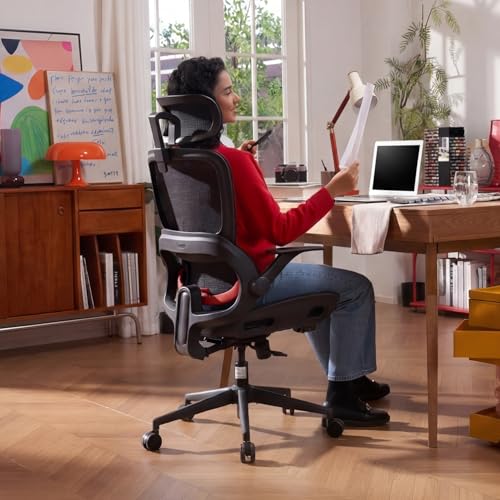 Image of SIHOO B100 Office Chair, Comfy Ergonomic Office Chair, Computer Chair with Adaptive Lumbar Support & Wide Headrest, Flip-up Armrests, Swivel Desk Chair for Long Hours, Without Footrest, Black