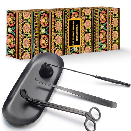 Candle Snuffer 4 in 1, Stainless Steel Candle Accessory Set Contains Wick Trimmer & Wick Snuffer & Wick Dipper & Metal Tray for Candle Lovers (Black)