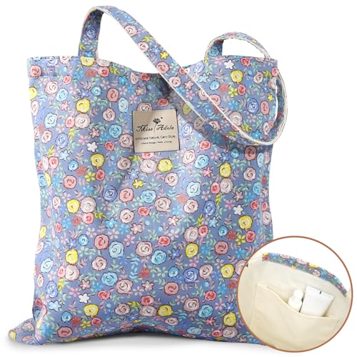 Miss Adola Bolsa feminina de algodão estética – Bolsa de ombro reutilizável com fivela para academia, viagens, trabalho, Flores coloridas azuis, One Size