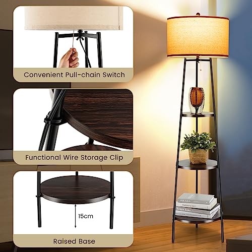 COSTWAY Floor Lamp with Shelves, 3 Layers Trapezoid Standing Light with Chain Switch, Wooden Corner Reading Lamp for Bedroom Living Room Office Decoration (Circular) - Image 5