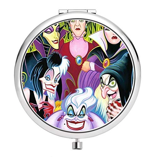DISNEY COLLECTION 2.75 Inch Small Double Round Makeup Mirror Cartoon Characters Disney Villains Ladies Stainless Steel Compact Mirror with Button Lock for Travel Pocket Purse