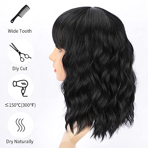 Image of AISI HAIR Bob Curly Wig Synthetic Short Black Wig with Bangs Natural Looking Heat Resistant Fiber Hair for Women