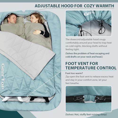 Image of GEERTOP Queen Size Double Sleeping Bag with Blanket for Camping Couples Two Person Adults, Removeable Top Cover 4 Season Backpacking Hiking