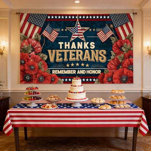Memorial Day Backdrop with Tablecloth 73x44in Veterans Day Thank You to Our Heroes Photography Background Set Military Tribute Remember and Honor Banner for Military Army Party Decoration