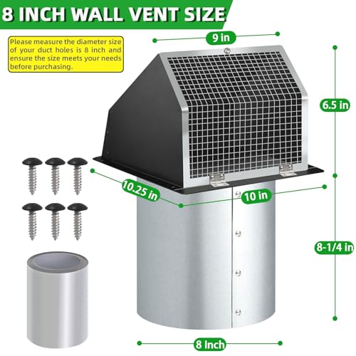 Image of 8 Inch Wall Vent Hood Wall Exhaust Vent Cover Outdoor Hooded Wall Vent with Screen and Damper,Wall Vent Cover Cap Exterior Air Exhaust for Kitchen Range Hood HVAC Duct Dryer Vent,Galvanized Steel