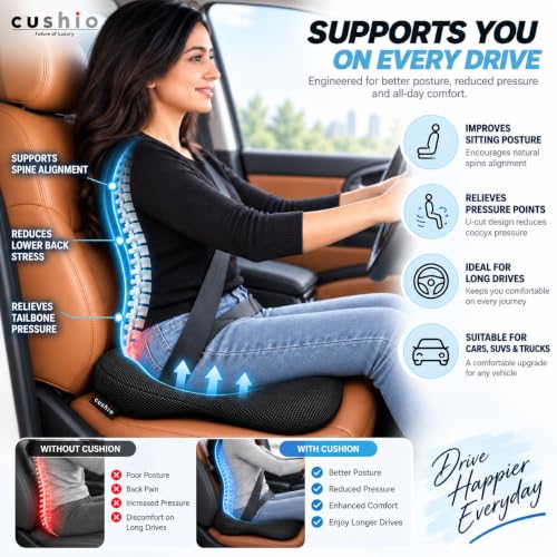 Image of CUSHIO Car Wedge Seat Cushion with Ergonomic Wedge Design, Car Seat Height Cushion for Long Drives, Relieves Hip Pain & Tailbone Pain, Coccyx Seat Cushion with Non-Slip Base (Black)