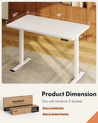 Image of FLEXISPOT EN1 One-Piece Standing Desk, Electric Adjustable with 4 Memory Presets, 176 LBS Capacity, Stable & Quiet, Seamless Desktop for Home Office & Dual Monitors, 48 inchx30 inch White(White Frame)