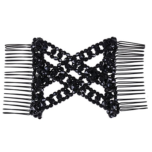 Lovef 2 Pcs Black Stretch Flower Bow Glass Bead Hair Head Comb Cuff Double Clip #TOP3