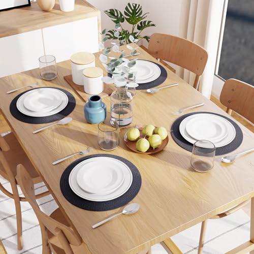 Image of Dining Table Mats Set of 4 | Cotton Table Mat 32 cm Diameter, Encasa XO Washable Round Table Mats, Heat Resistance Dining Table Placemats, Handmade Ribbed Style for Centre Table, Dark Blue