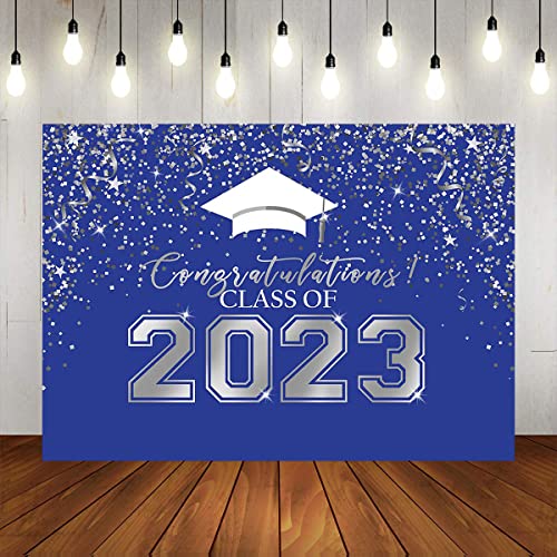 Mocsicka Class Of 2023 Backdrop Congratulations Blue And Silver Glitter Bokeh Dots Photography Background Vinyl 2023 Congrats Graduation Party Cake Table Decorations Photo Booth (Blue Silver, 7X5Ft) #TOP4