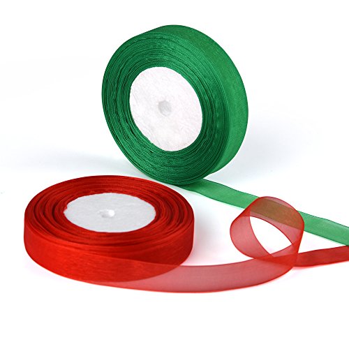 Kuuqa 2 Pack Cintas de organza Shimmer Sheer Ribbons para decoraciones navideñas, 50 yardas de largo 22 mm de ancho (verde y rojo)