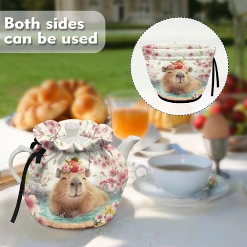 Image of Xoenoiee Capybara Tea Cozy Tea Cosy for Teapots Keep Warm Teapot Cover Cherry Blossom Insulated Kettle Cover for Home Kitchen Table Decor